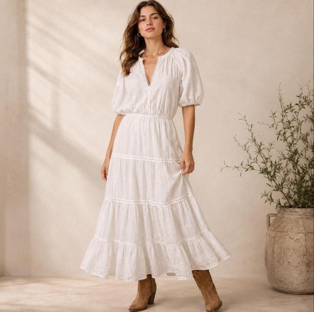 Betsey Johnson White Tiered Speckled Boho Maxi Dress Sz L Cottagecore Feminine